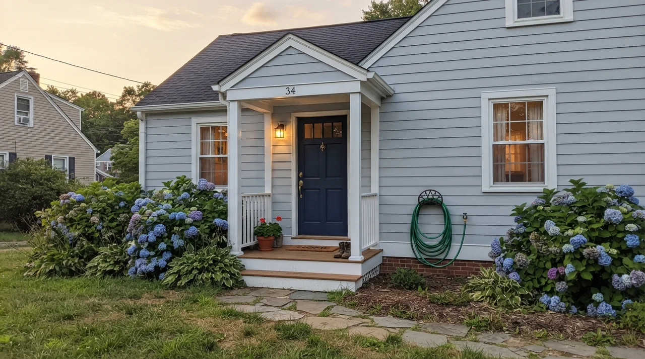 House exterior with Upward siding, white trim, and dark navy front door