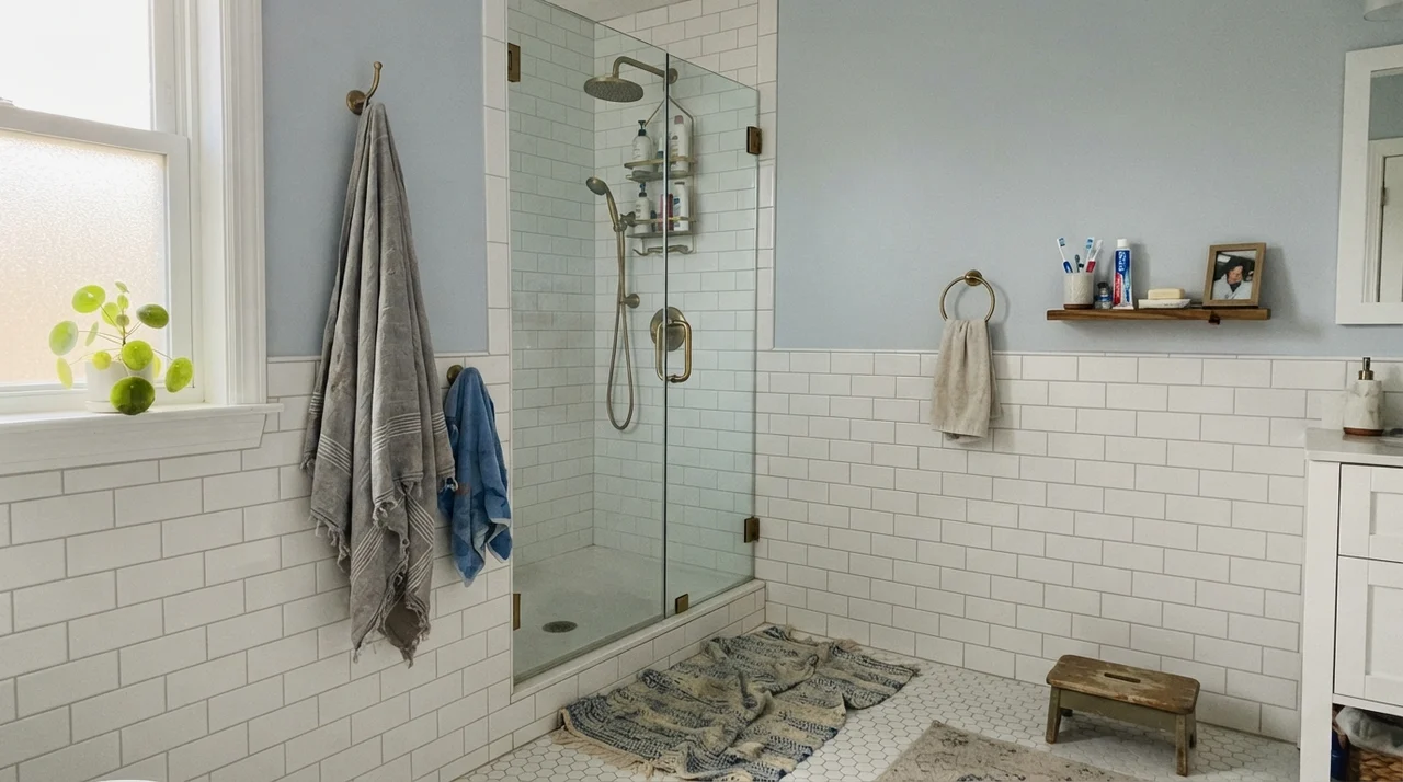 Family bathroom with Upward painted walls above white subway tile and brass fixtures