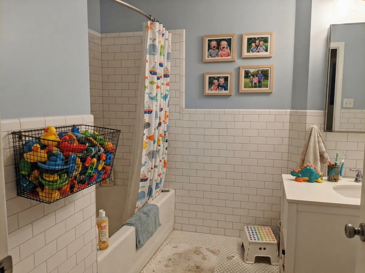 Kids bathroom with Upward walls, subway tile, and colorful bath toys