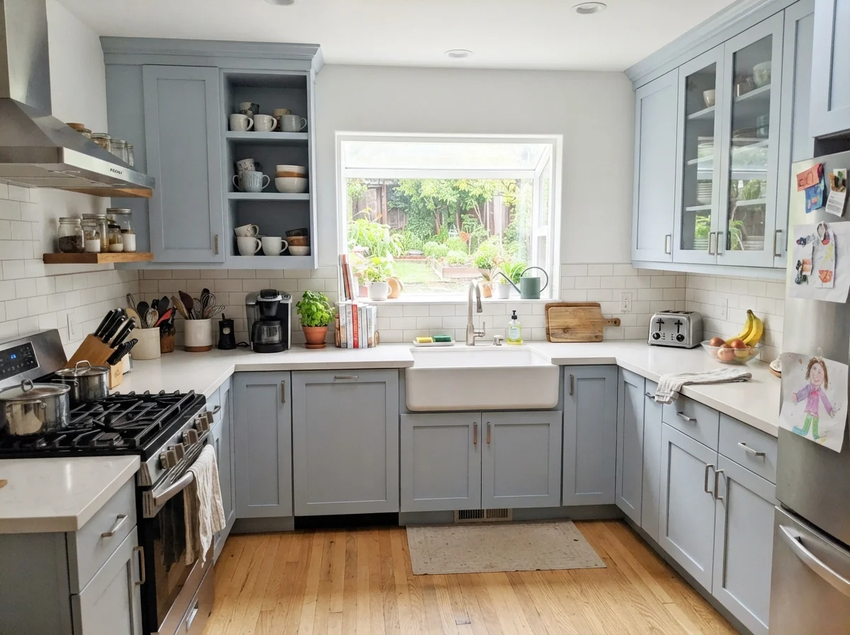 Kitchen shaker cabinets painted in Upward with white subway tile