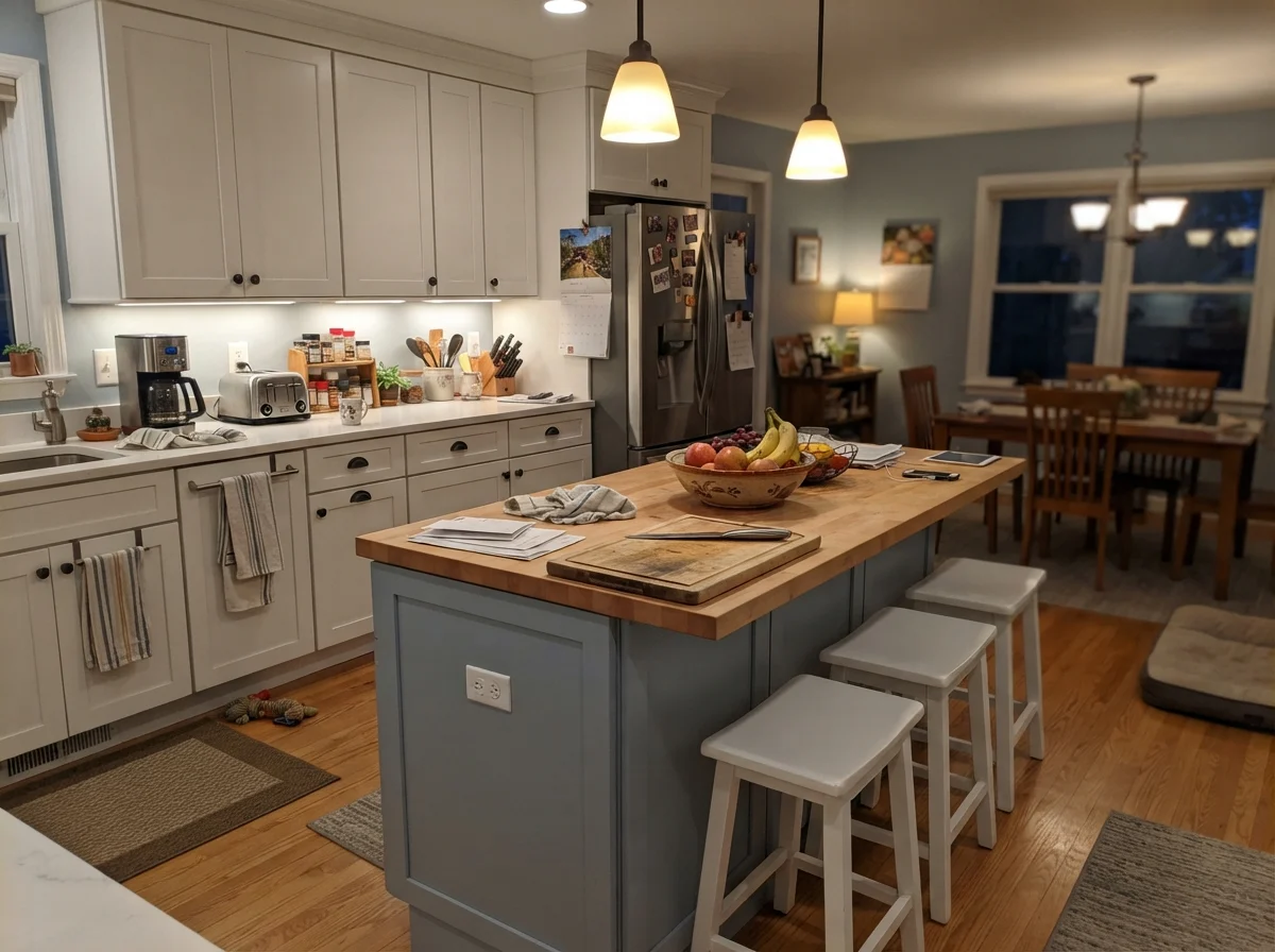 Kitchen island painted in Upward with surrounding white cabinets