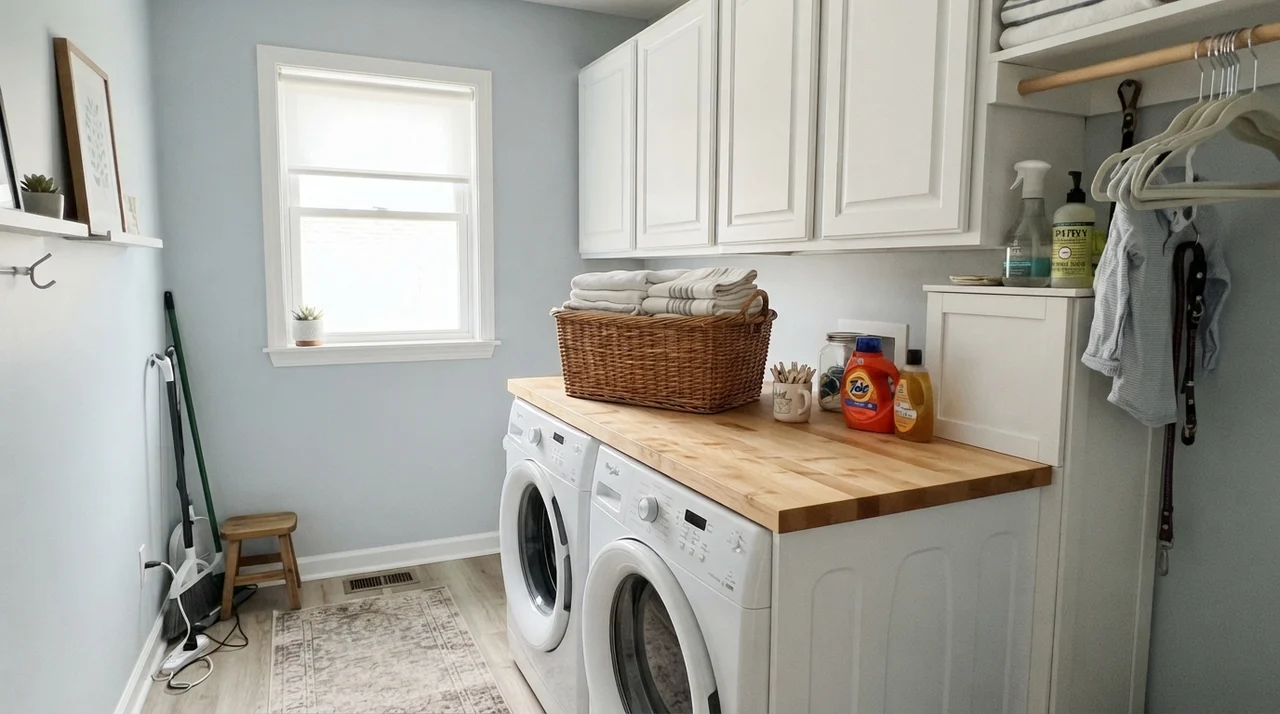 Laundry room painted in Upward with butcher-block counter and white washer