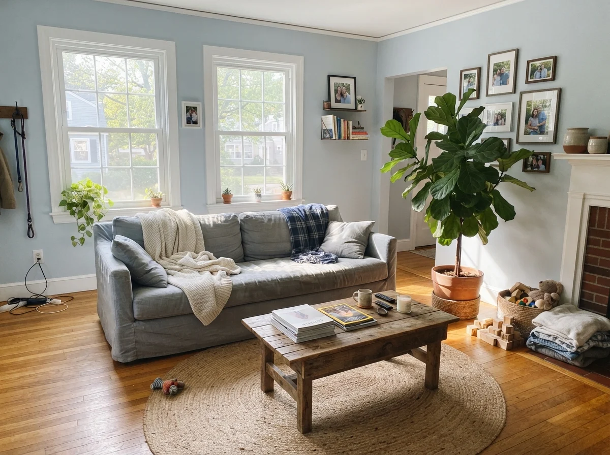 Sunlit living room with Upward walls and linen sofa