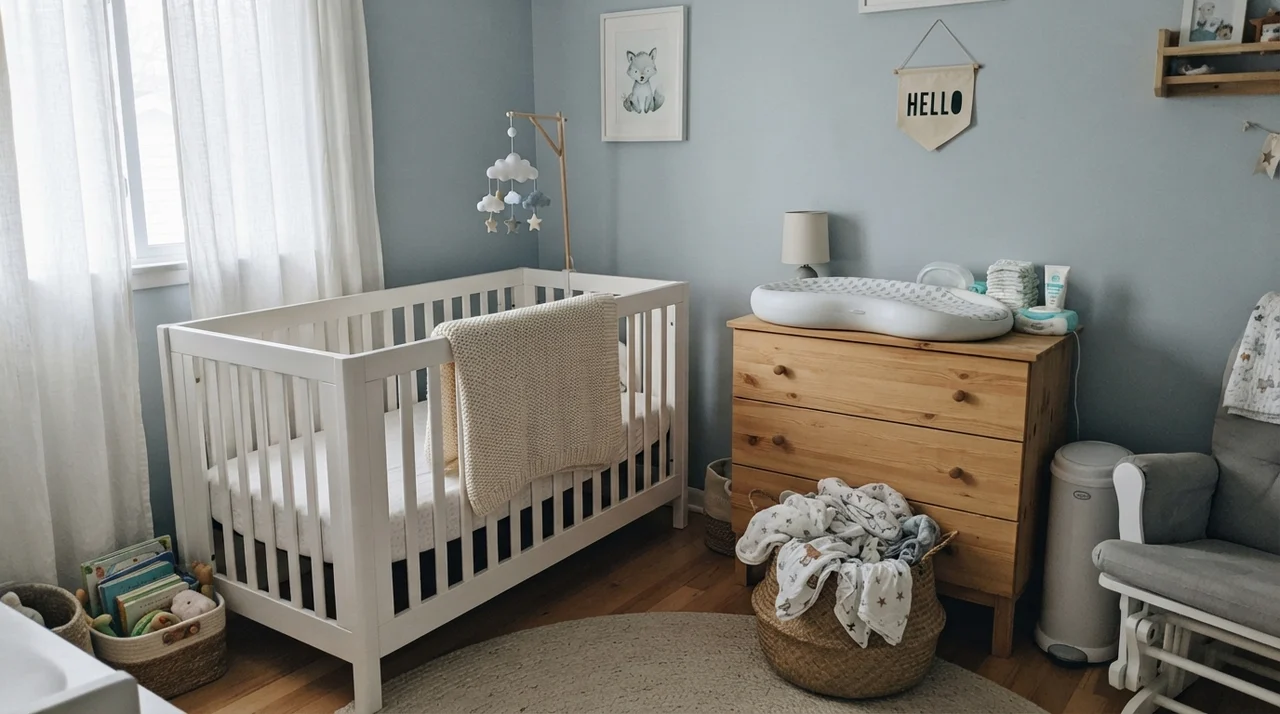 Nursery painted in Upward with light wood changing dresser and white crib