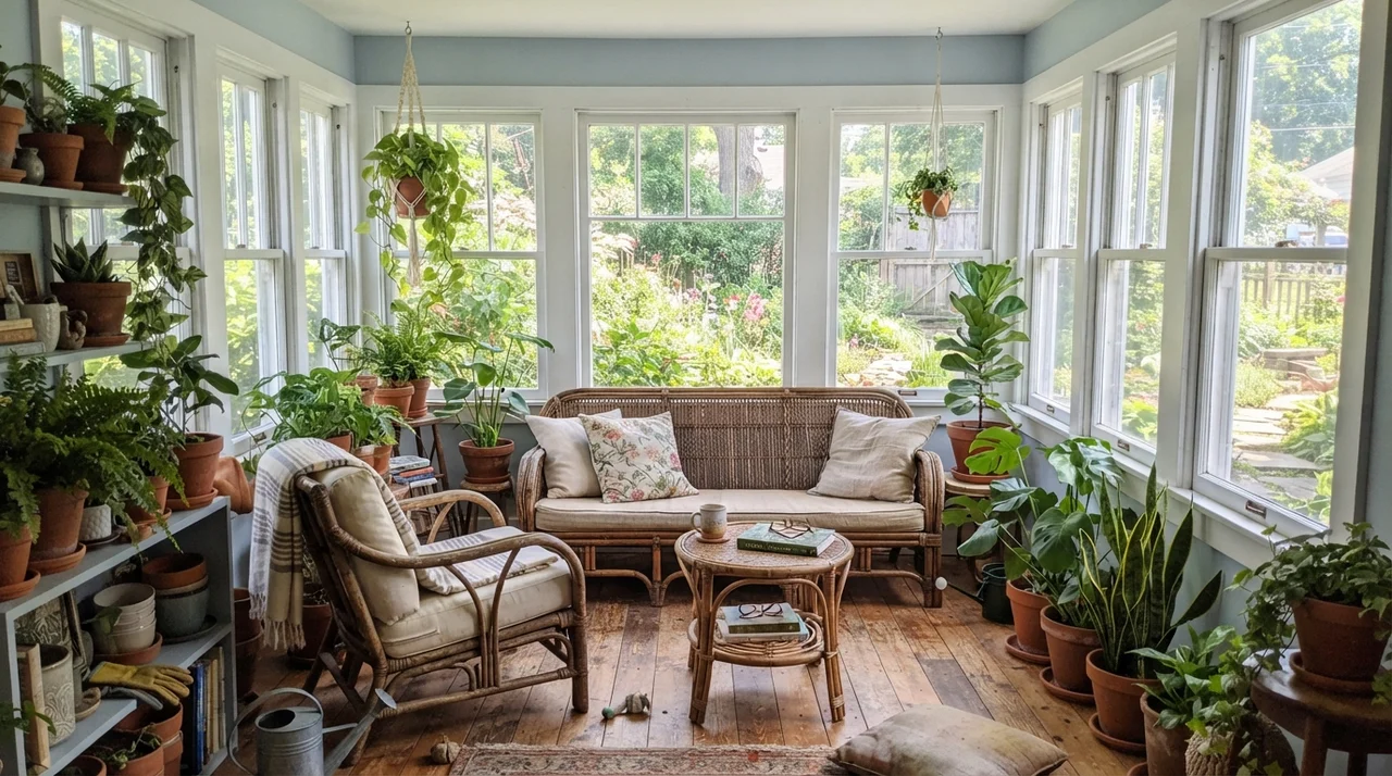 Bright sunroom with Upward walls, multiple windows, and potted plants