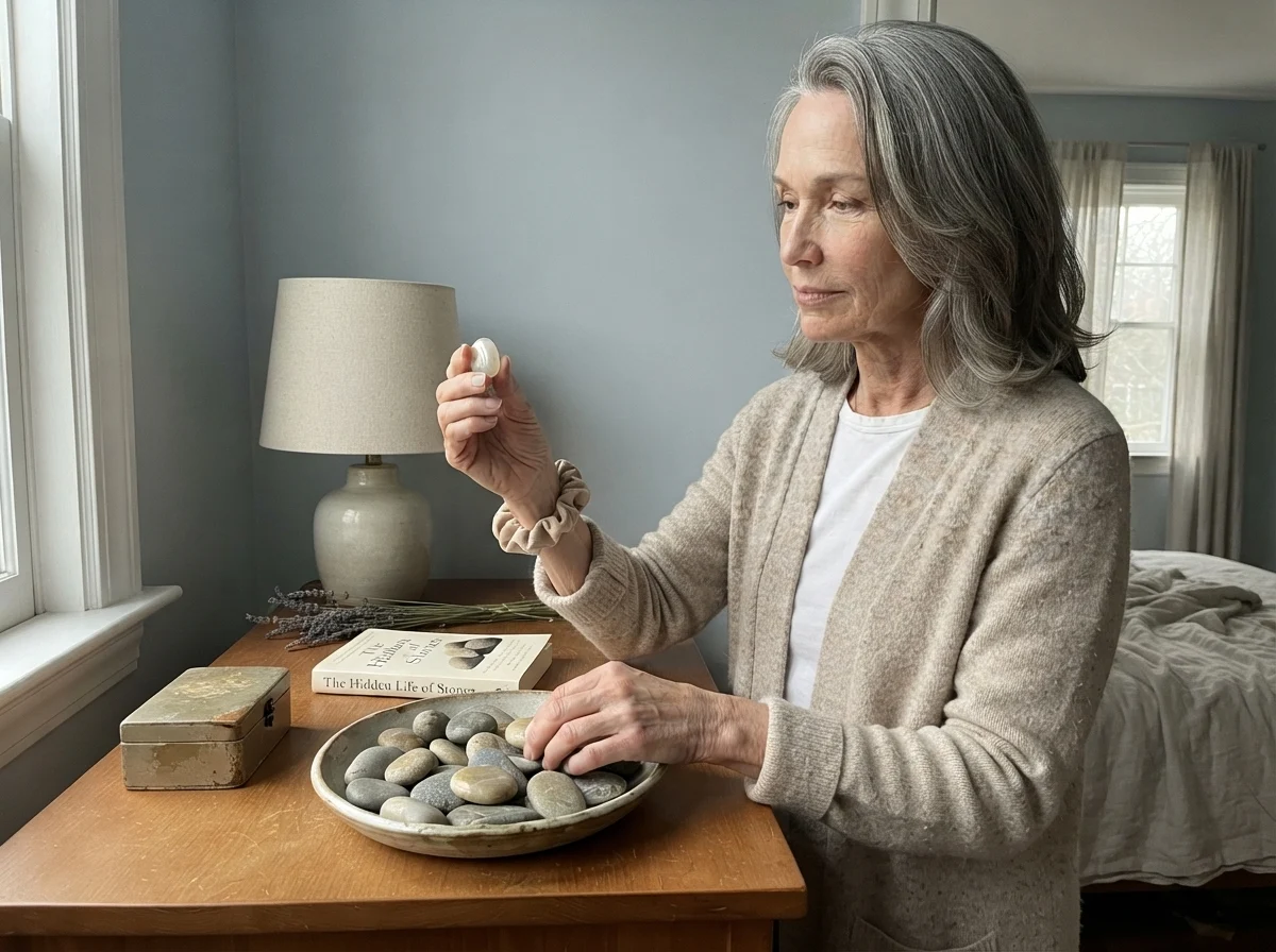 Susan examining stones against an Upward painted bedroom wall