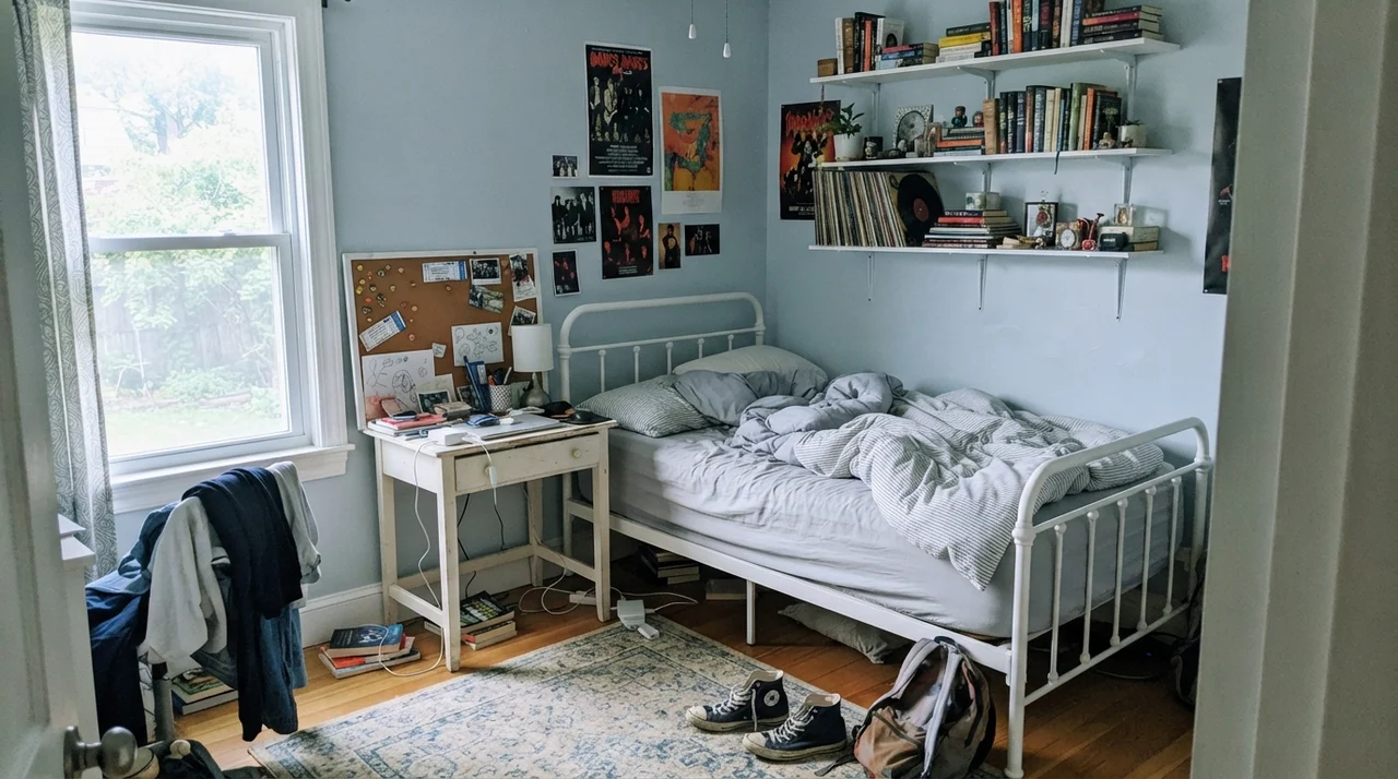Teenager bedroom with Upward walls and white metal furniture