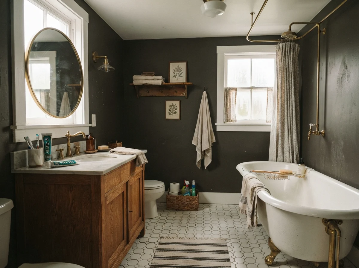 Cottage bathroom with clawfoot tub, hex tile, and dark walls.