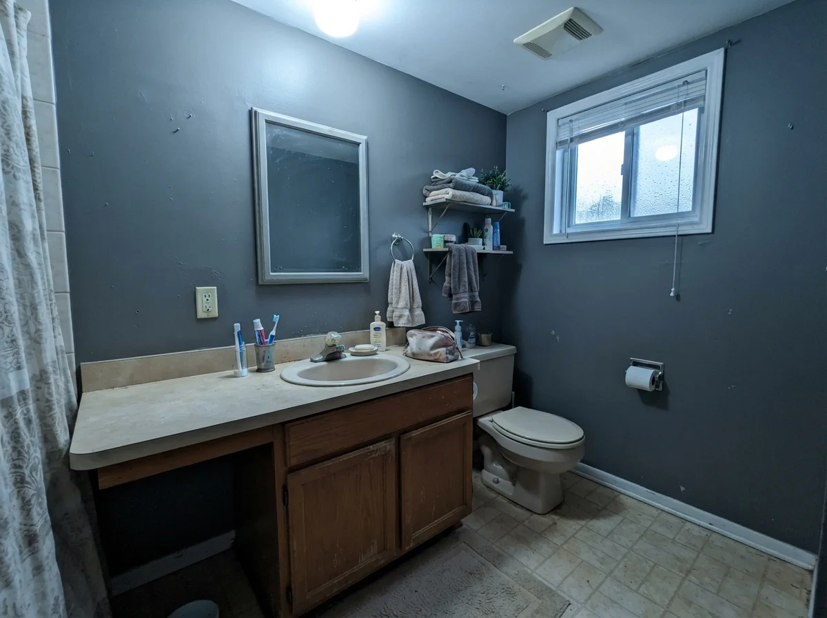 Modest bathroom with painted walls looking cool on a rainy day.