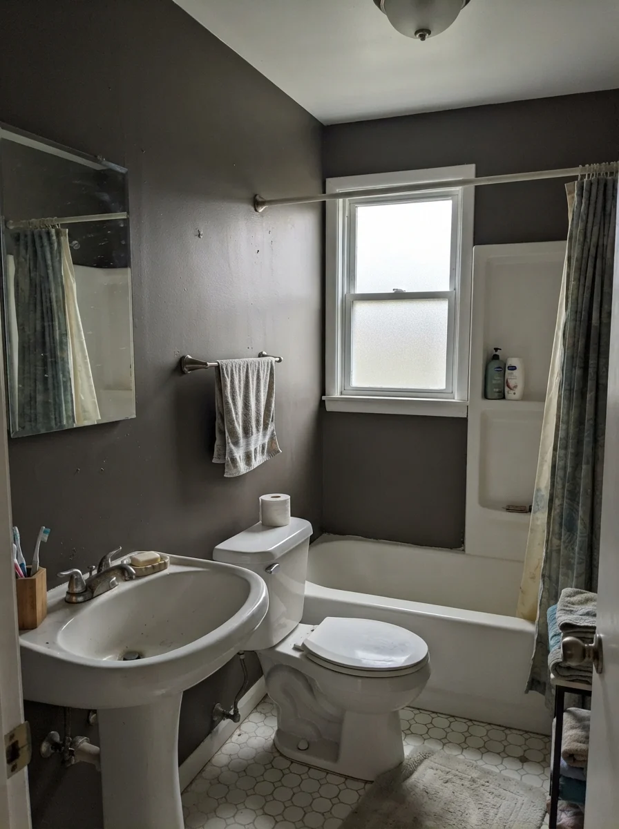 Small bathroom showing dark walls reading flat gray in overcast light.