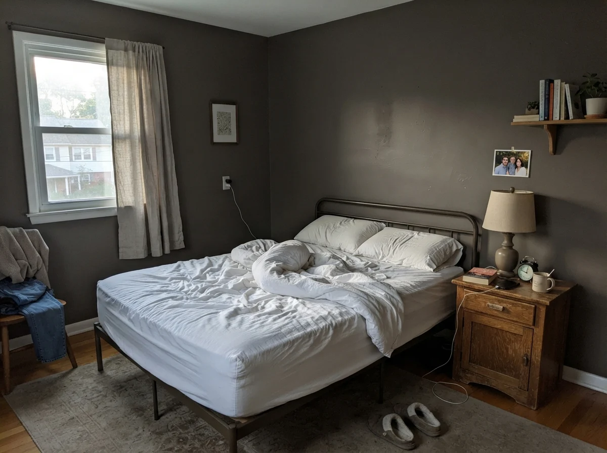 Simple bedroom with unmade white bedding and dark painted walls in cool morning light.