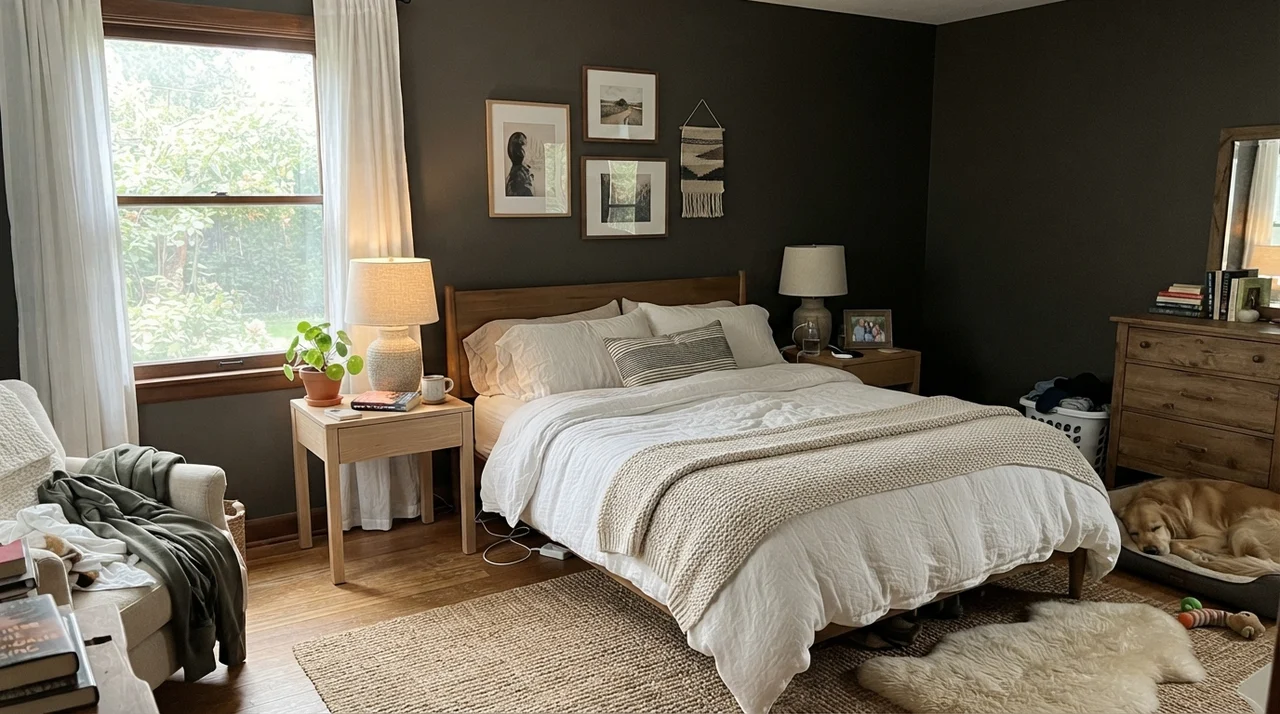 Main bedroom with dark walls, white linen bedding, and pale oak nightstands.