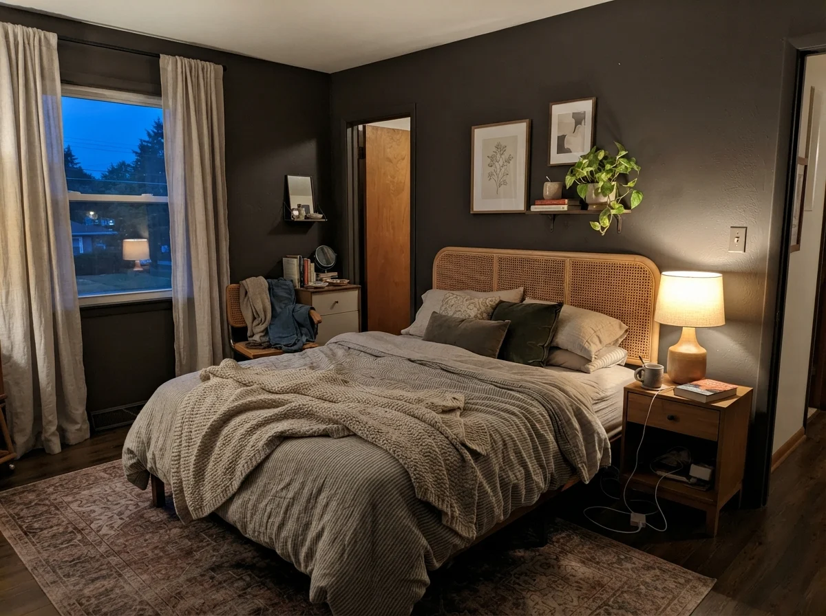 Bedroom at dusk with a warm lamp glowing against dark painted walls.