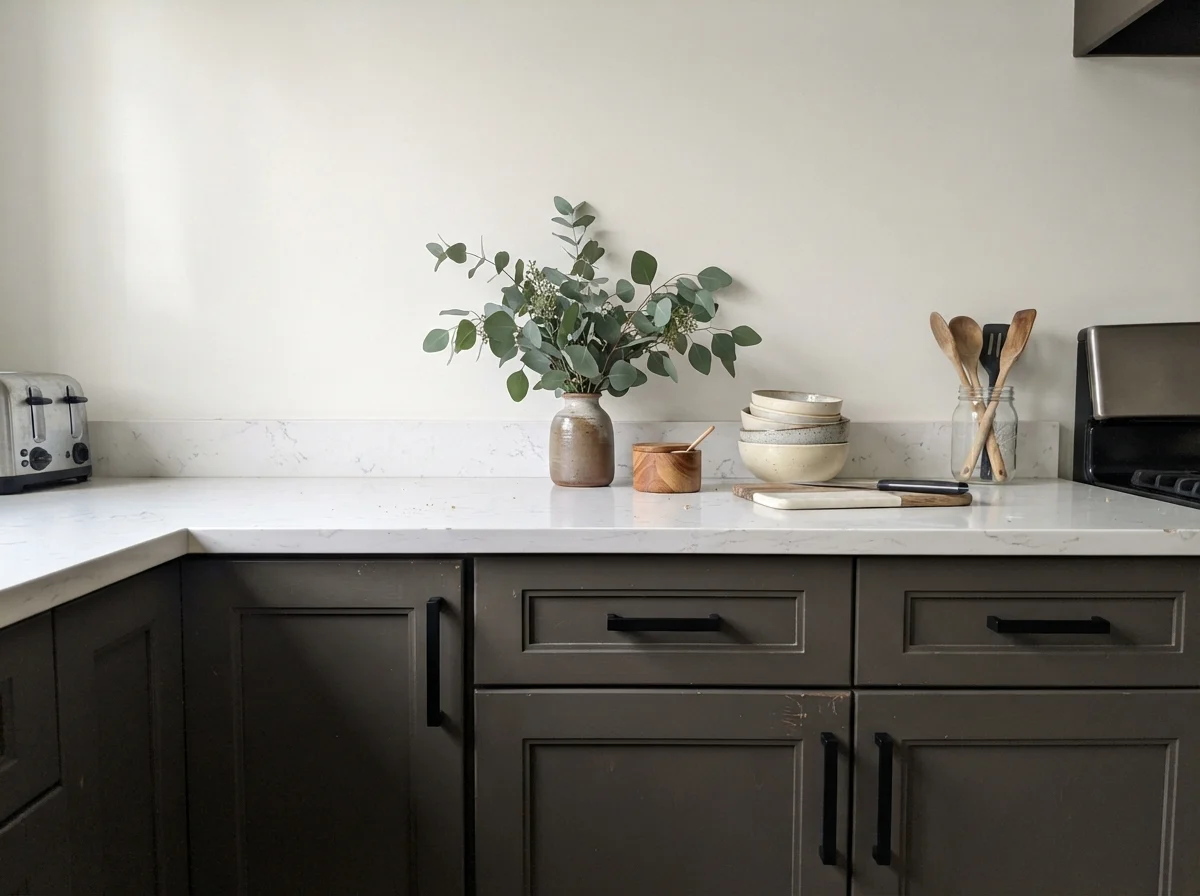 Close-up of painted shaker cabinets with black hardware and white quartz.