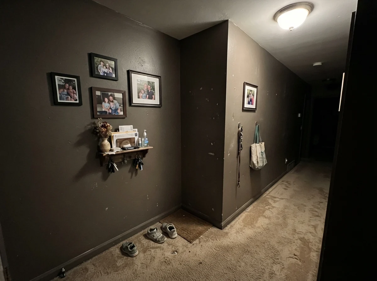 Dim windowless hallway showing dark painted walls looking muddy and flat under weak artificial light.