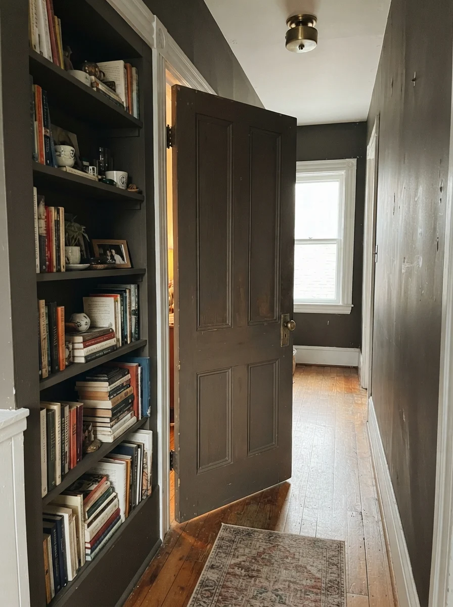 Older hallway featuring a dark painted door and built-in bookshelf against cream walls.