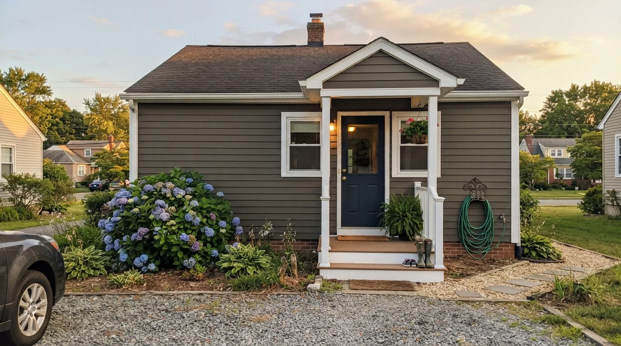 House exterior with dark horizontal siding, white trim, and a small front porch.