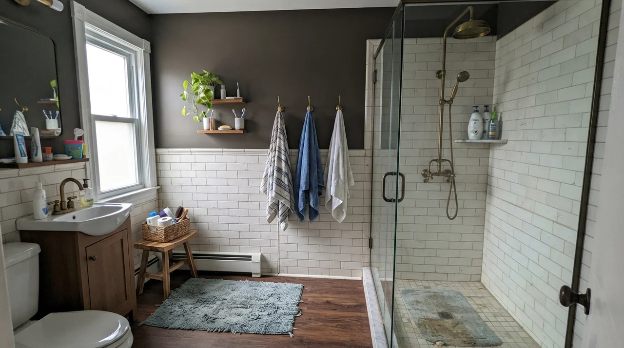 Family bathroom with dark upper walls over white subway tile and brass shower fixtures.