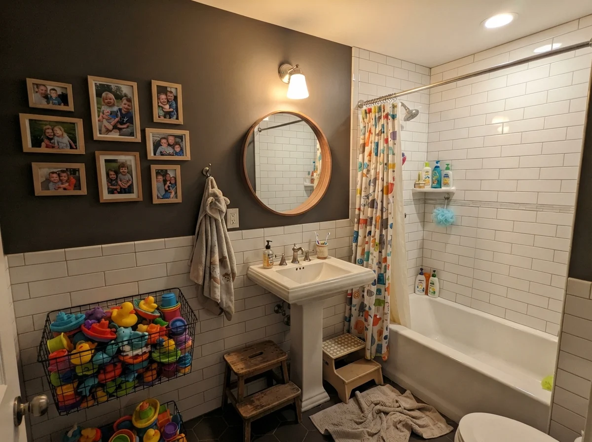 Kids bathroom with dark painted walls over tile and colorful bath toys.