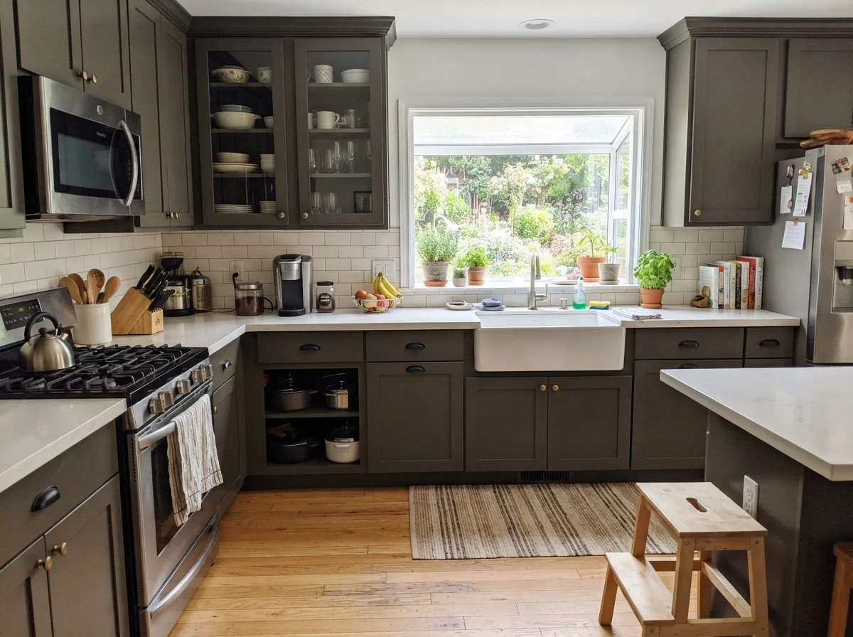 Kitchen with dark shaker cabinets, white counters, and subway tile backsplash.