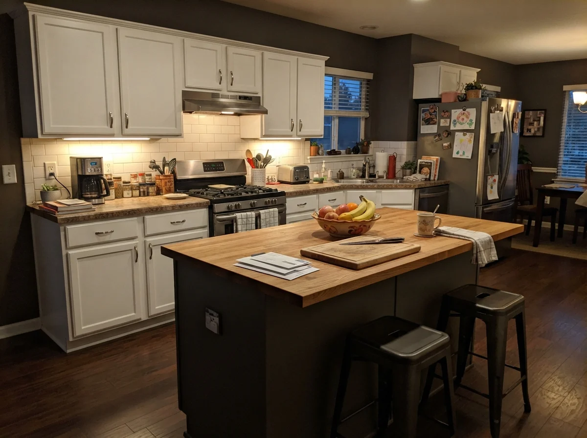 Family kitchen showing a dark painted island surrounded by white cabinets.
