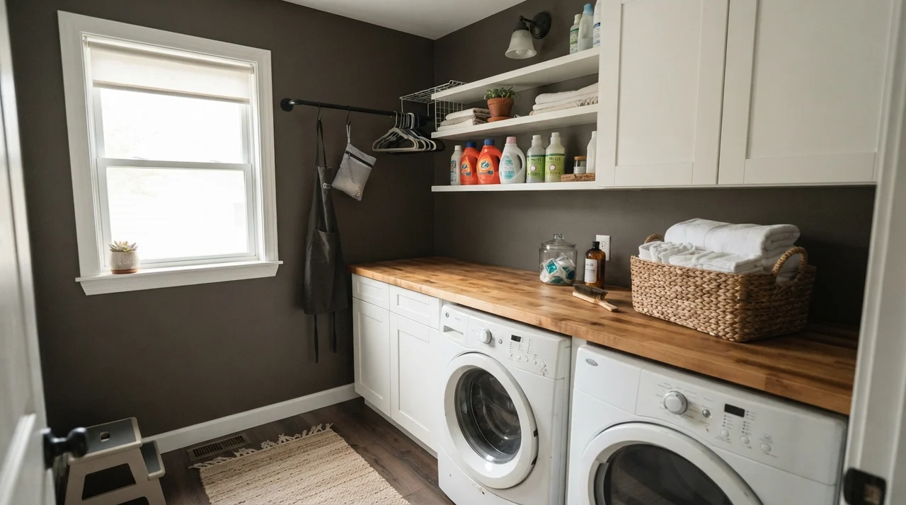 Bright laundry room with dark walls and butcher block over washer and dryer.