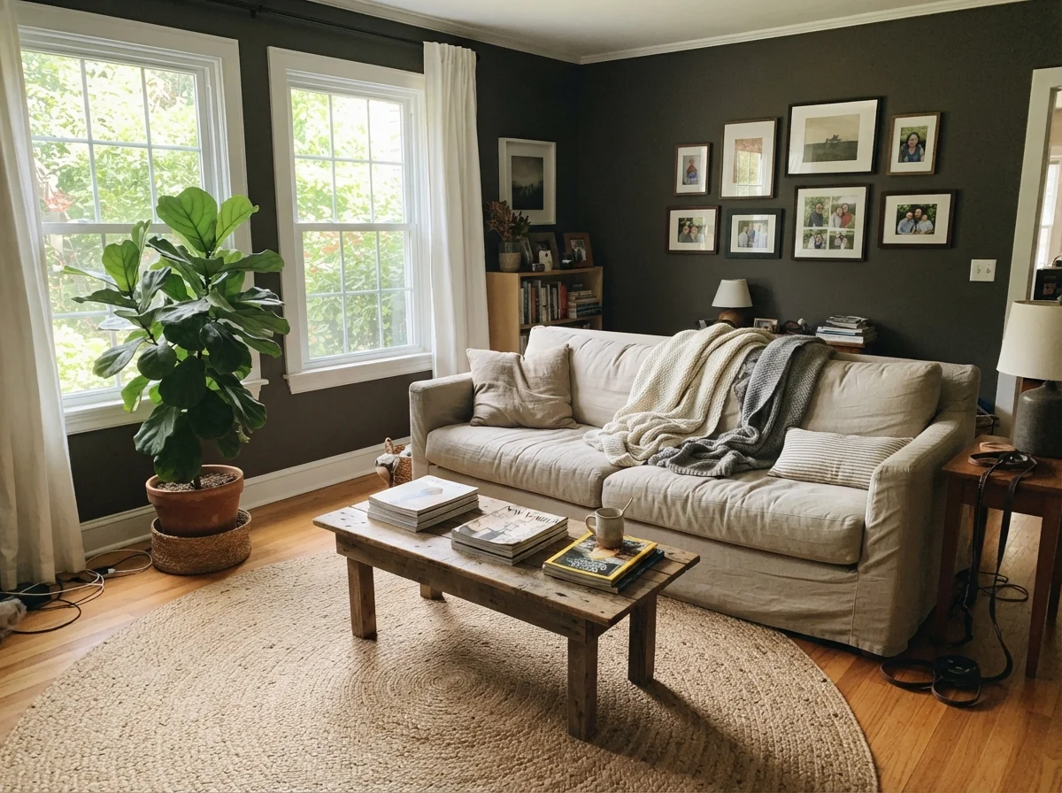 Living room with dark walls, linen sofa, and large windows bringing in midday sun.