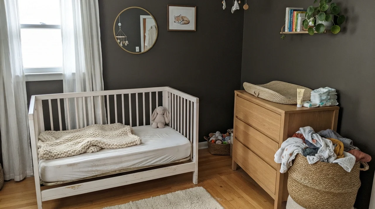 Nursery featuring dark painted walls and a light-wood dresser changing table.