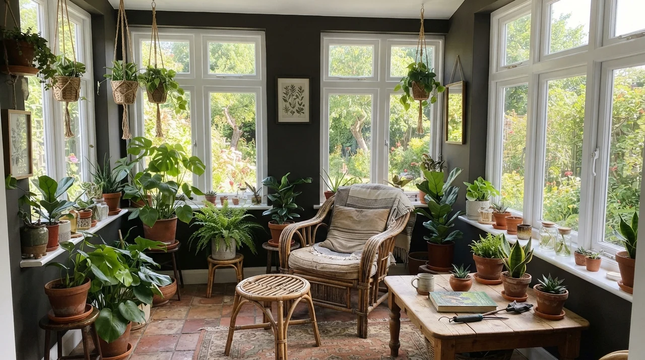 Sunroom with painted walls between white windows, filled with plants and rattan furniture.