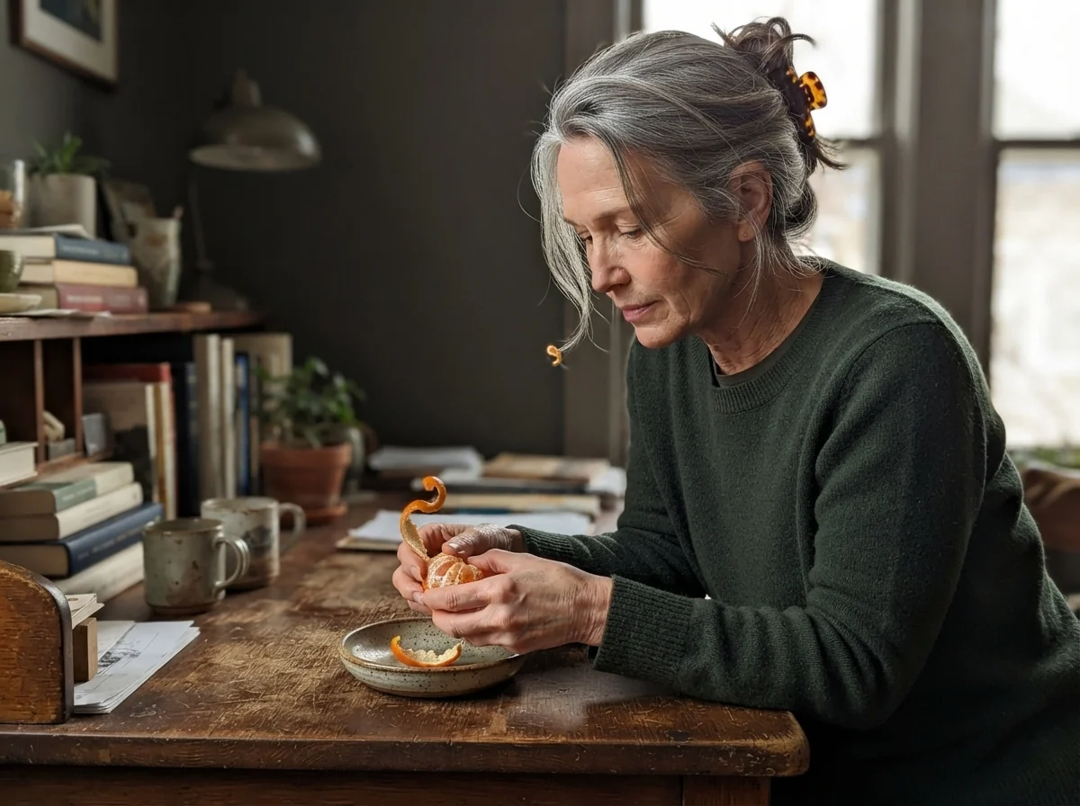 Susan leaning against a desk in a study with Urbane Bronze walls, peeling an orange.