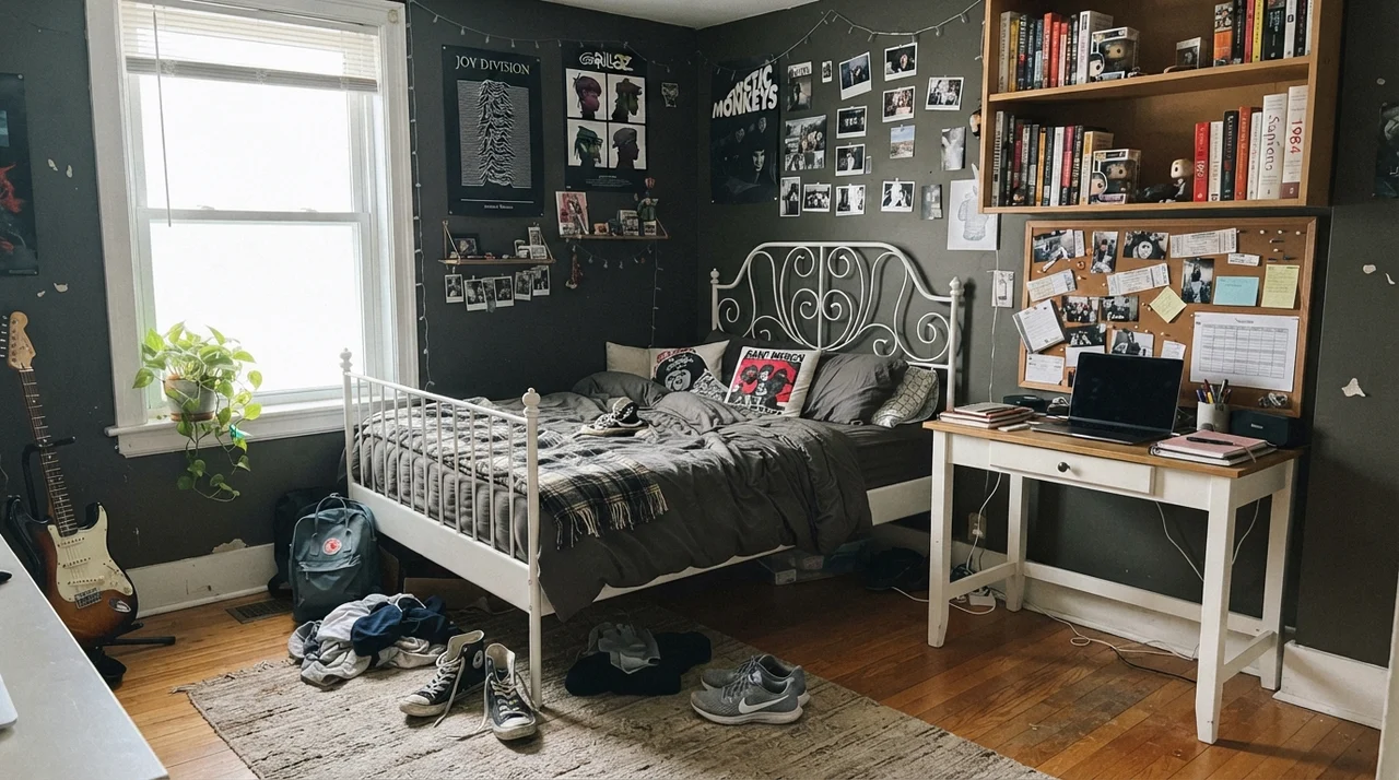 Teenager bedroom with white metal bed and dark painted walls.