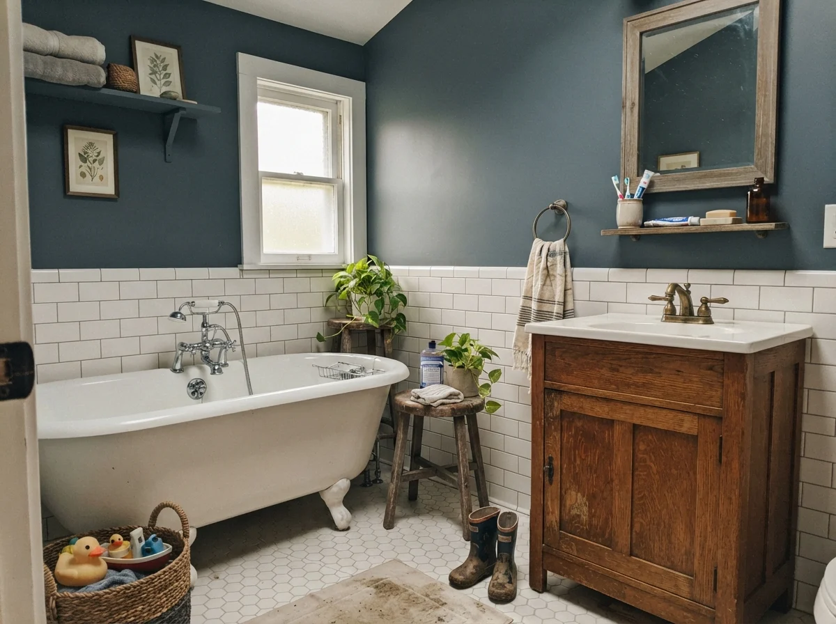 Cottage bathroom with white clawfoot tub, oak vanity, and Waterloo painted walls.