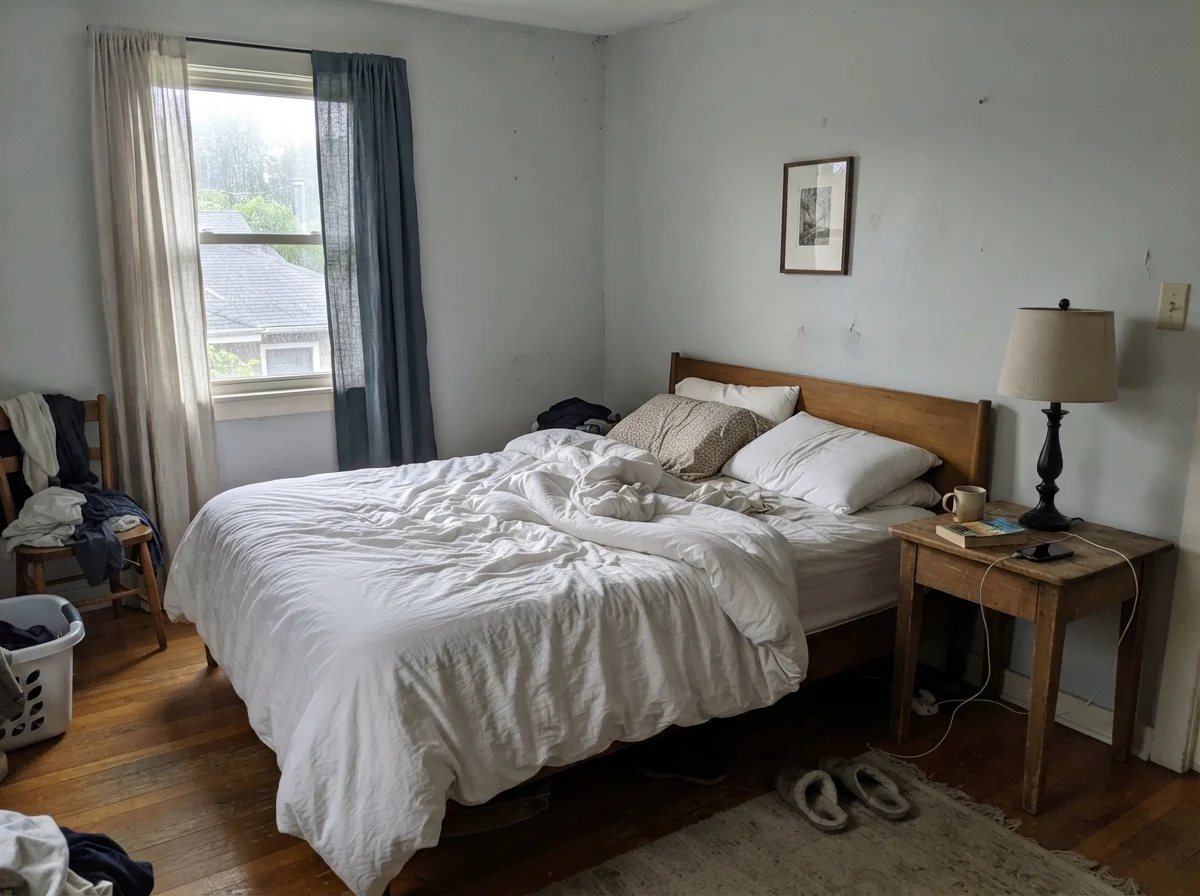 Simple bedroom in cool morning daylight showing walls painted Waterloo appearing pale and washed out.