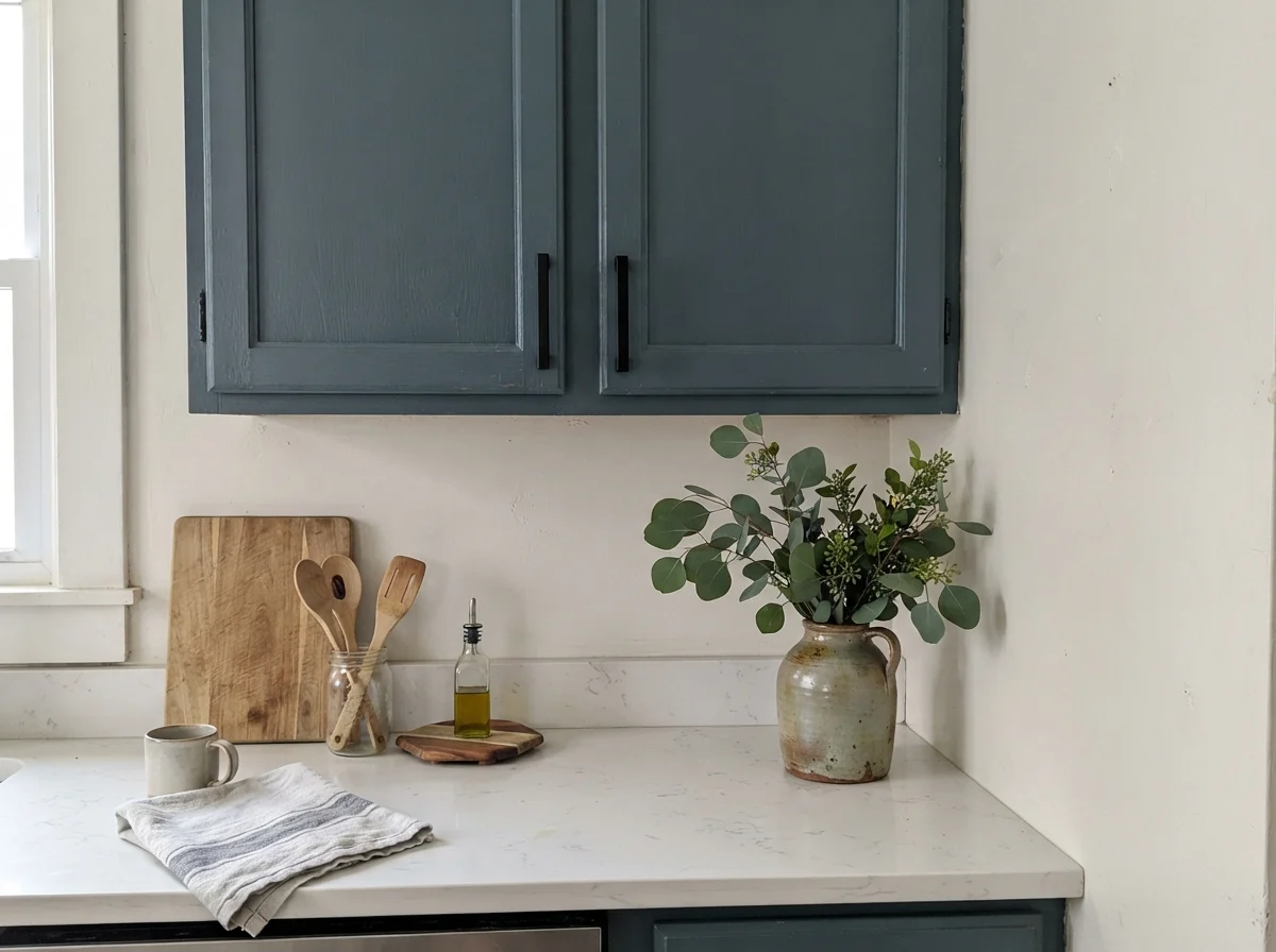 Close-up of shaker cabinet painted Waterloo with matte black hardware and white counter.