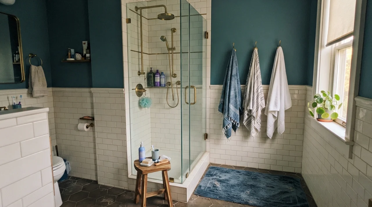Family bathroom upper walls painted Waterloo above white subway tile wainscot with brass fixtures and glass door.
