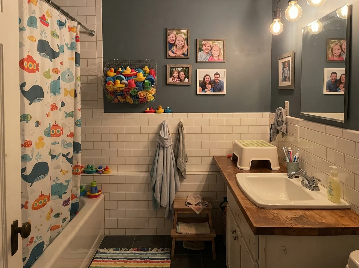 Kids bathroom with Waterloo upper walls over white tile, shower curtain, wire basket of bath toys, and framed photos.