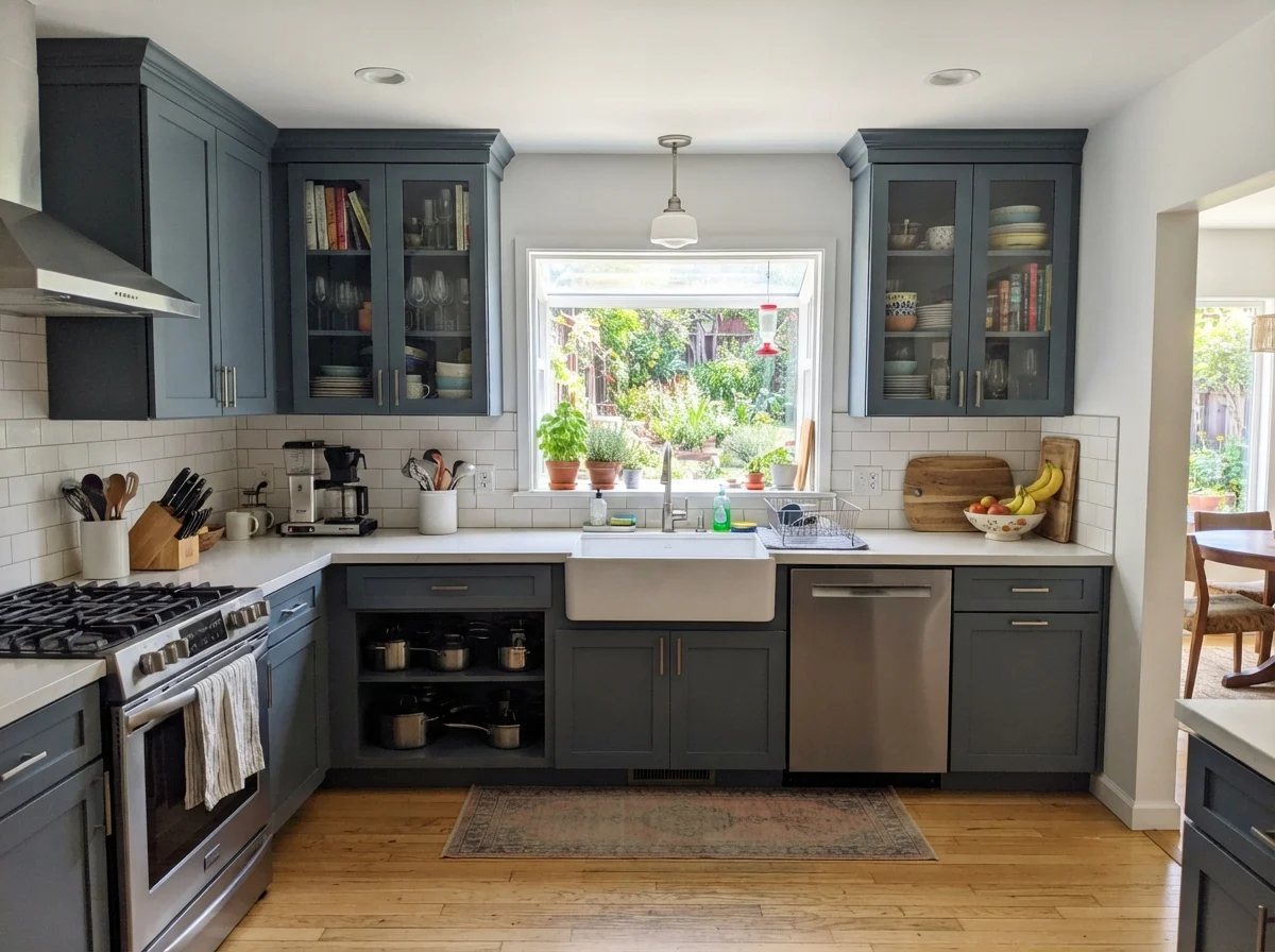 Kitchen shaker cabinets painted Waterloo with white counters and white tile backsplash.