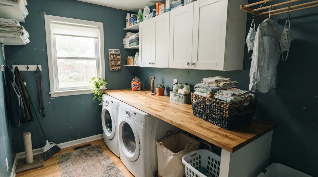 Bright laundry room with window light, Waterloo walls, white cabinets, butcher block, and woven basket.