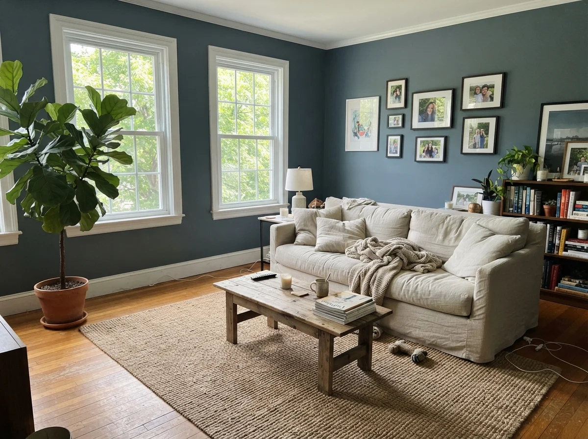 Living room filled with midday sun featuring Waterloo walls, linen sofa, wood table, and jute rug.