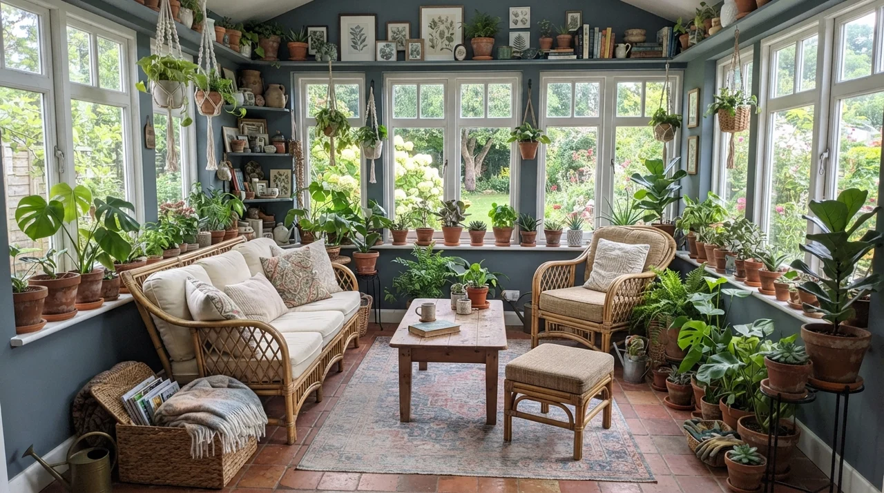 Sunroom with many white windows, Waterloo painted walls, rattan furniture, and terracotta pots.