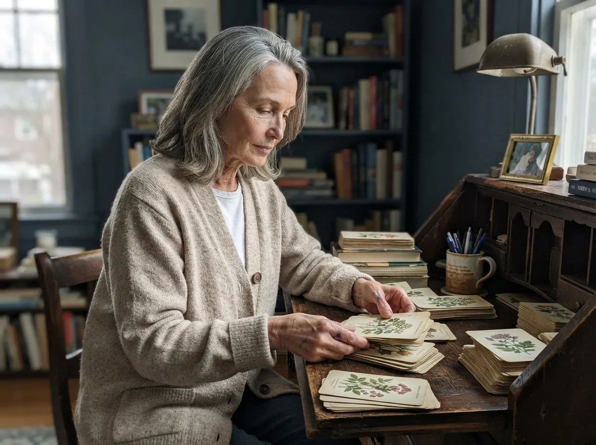 Susan Hartley at a dark wood secretary desk with botanic flashcards, ink on her thumb, and cardigan askew before Waterloo walls.