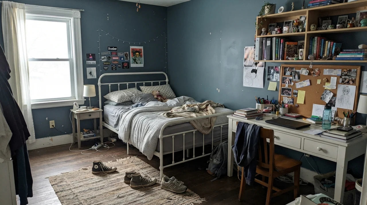 Teen bedroom with Waterloo walls, white metal bed, desk with corkboard, and sneakers on rug.