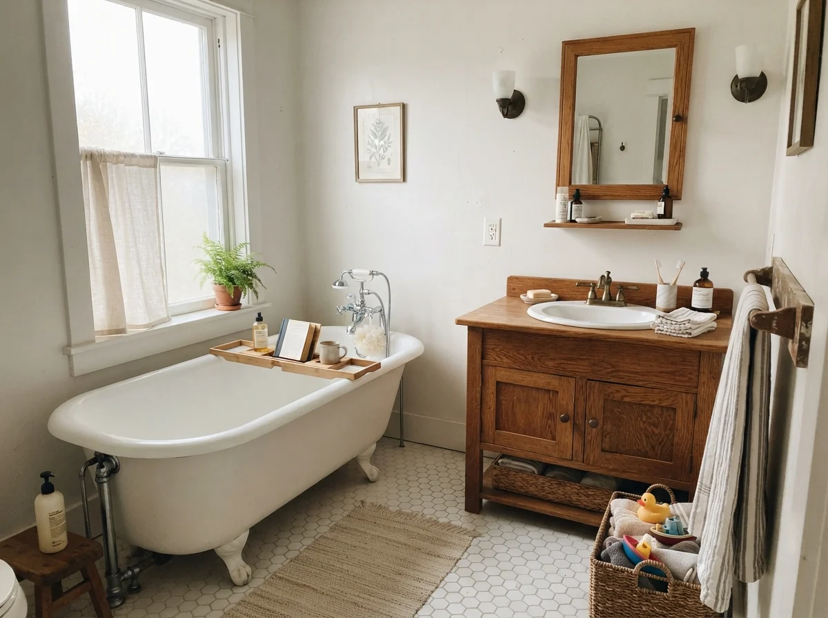 Cottage bathroom with white clawfoot tub, hex tile floor, and warm oak vanity.