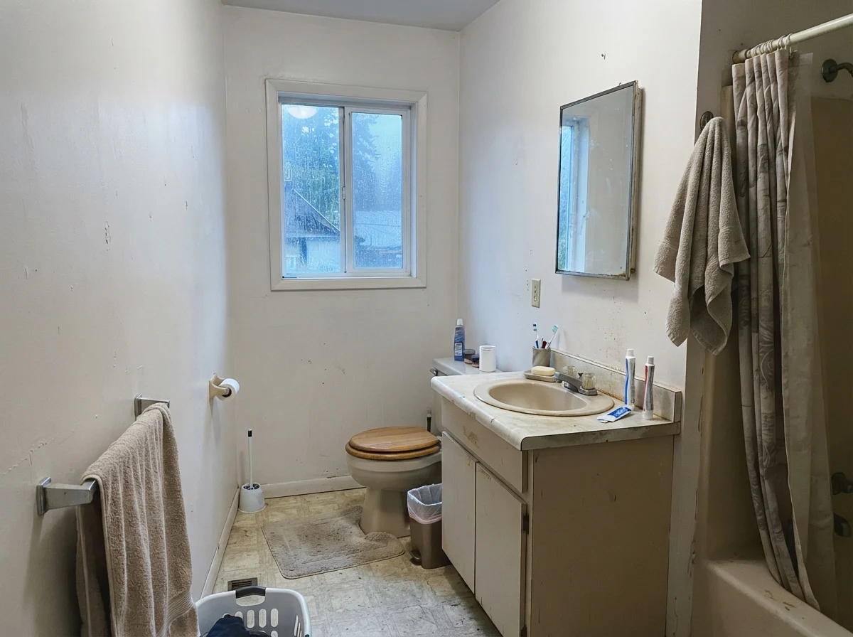 Modest bathroom with cool north light casting a slight blue-gray tone on walls.