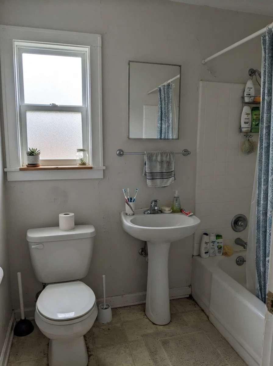 Small bathroom under flat overcast light showing muted grayish wall paint.
