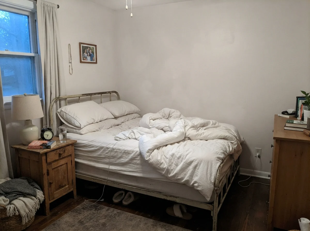 Bedroom with unmade white bedding and wood nightstand under cool early morning light.