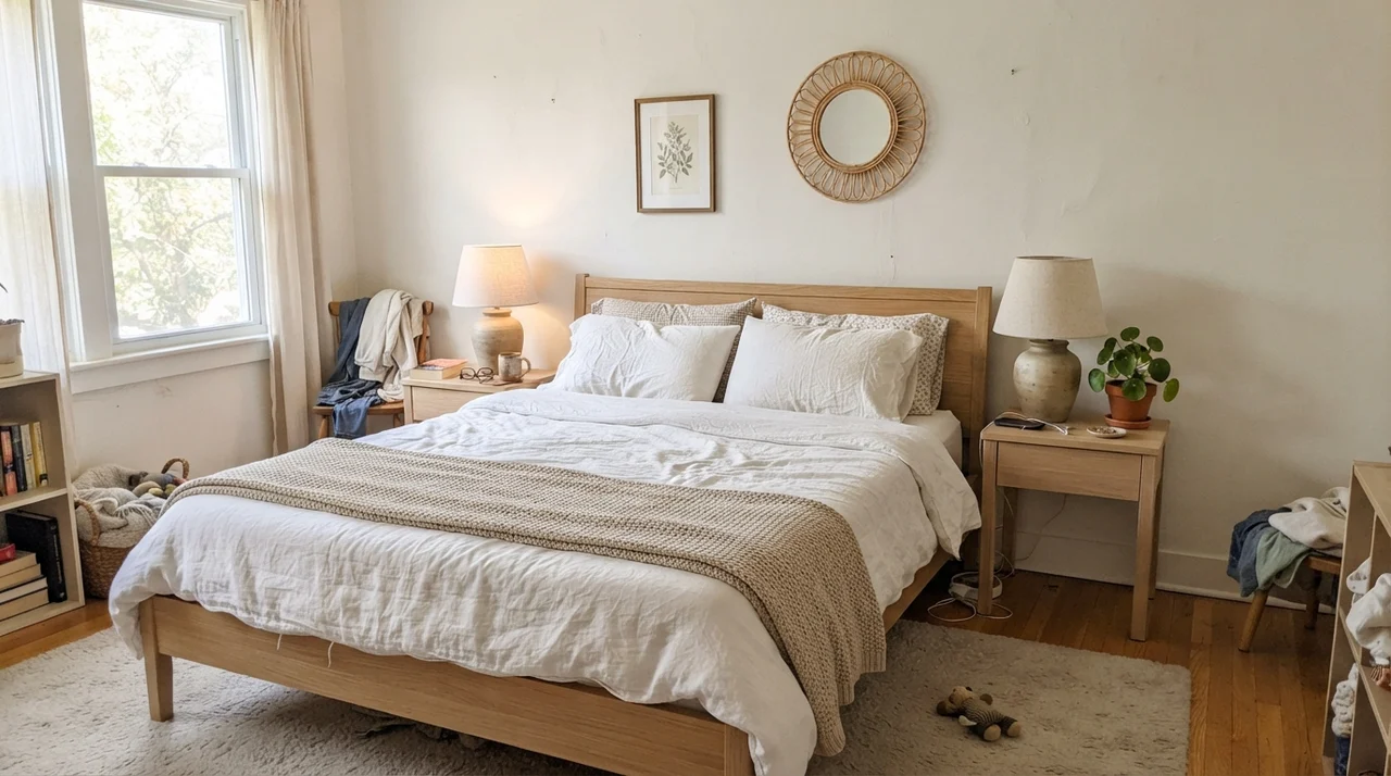 Main bedroom with white linen bedding, oak nightstands, and soft painted walls.