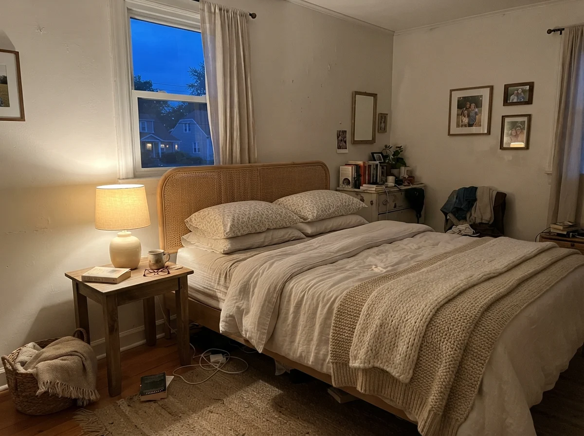 Bedroom at dusk with a warm table lamp glowing against painted walls and a cane headboard.