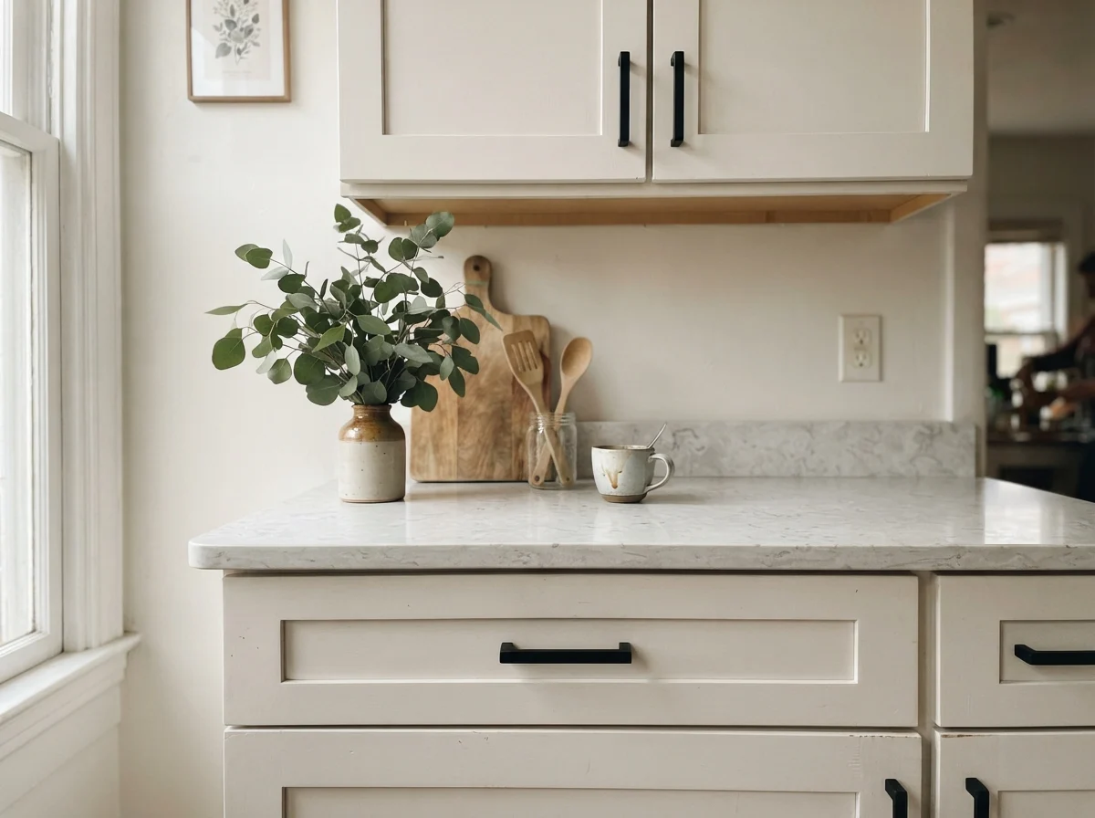 Close-up of painted cabinet fronts with black hardware and quartz counter.