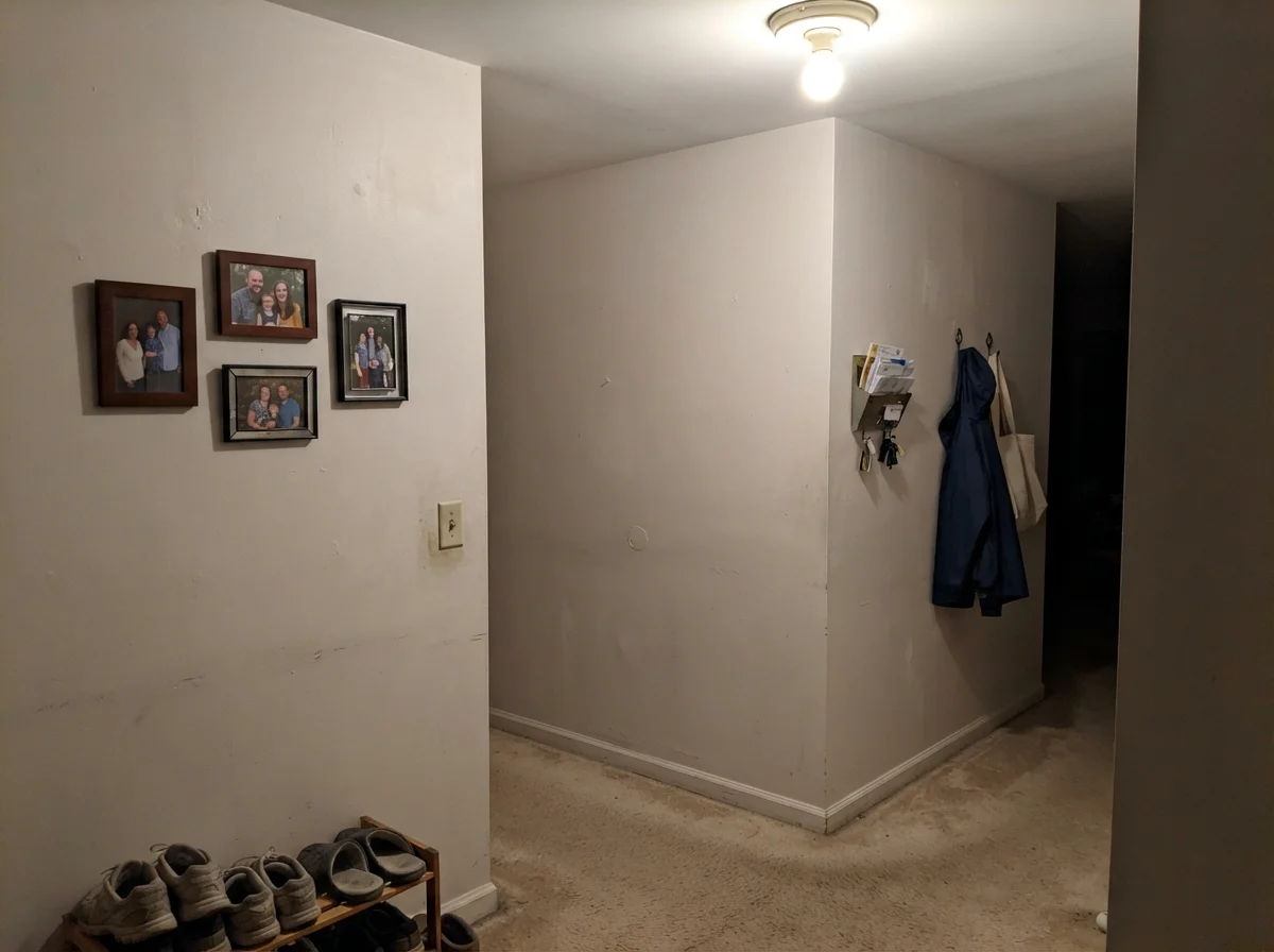 Dim windowless hallway corner showing muddy, flat wall color over beige carpet.